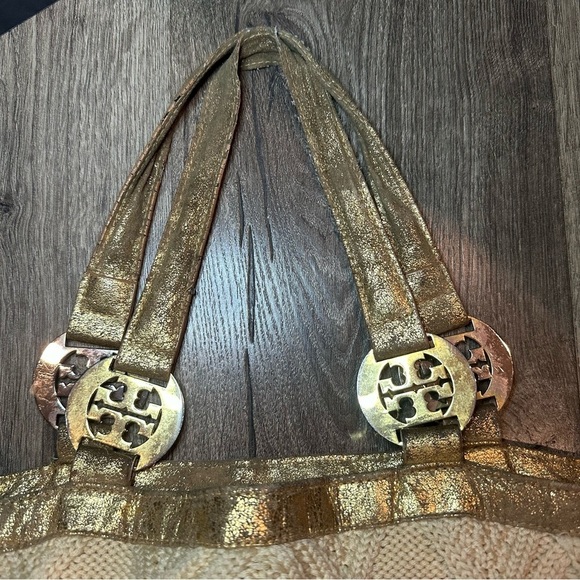 TORY BURCH Tote Bag Cable Knit METALLIC GOLD TRIM Wool Silk Lining Horse READ! - Picture 9 of 16
